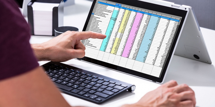 Businessman’s Hand Examining Spreadsheet On Laptop In Office