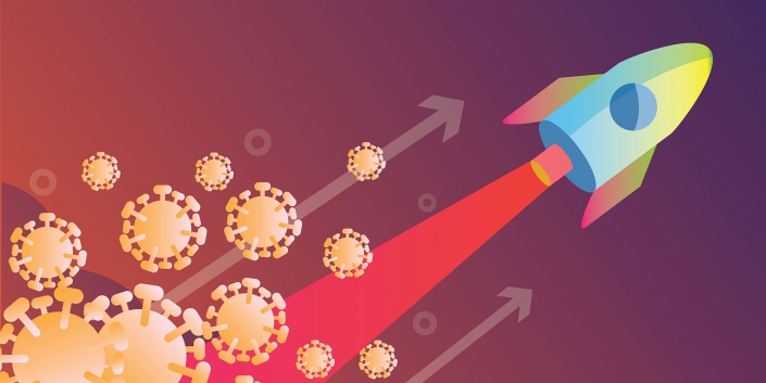 Rocket launch over virus. Victory over the virus covid-19 concept design. flat design vector illustration