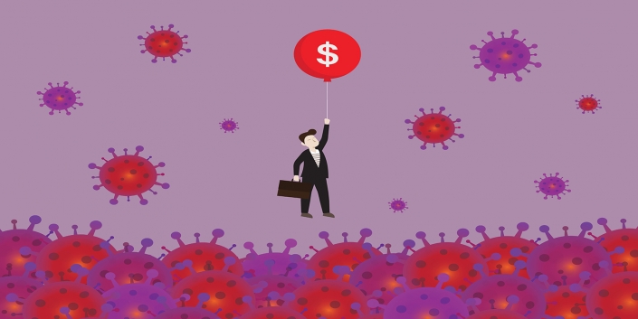 Businessman uses a US dollar currency symbol balloon escape from a virus